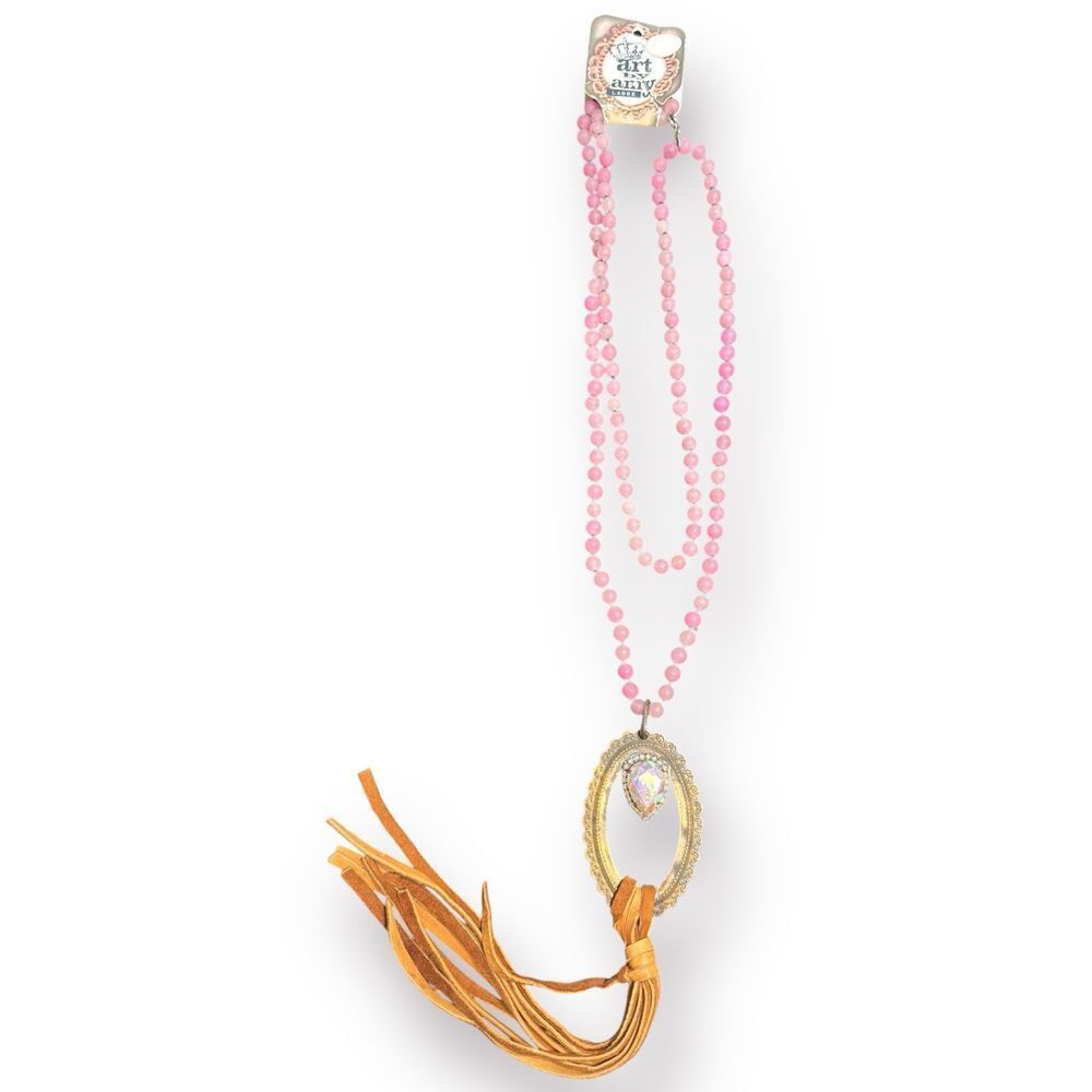 Art by Amy Labbe Pink Beaded Necklace Bohochic Crystal Heart Stone With Tassle